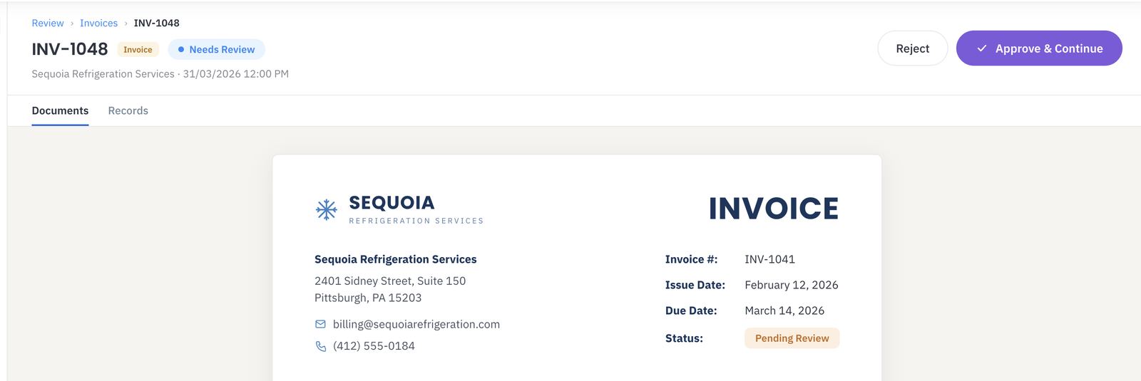 Invoice INV-1048 needs review: Reject or Approve and Continue